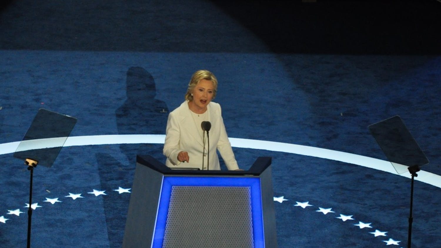 Hillary Clinton addresses the delegates and guests gathered in Philadelphia for the Democratic National Convention in July.&nbsp;