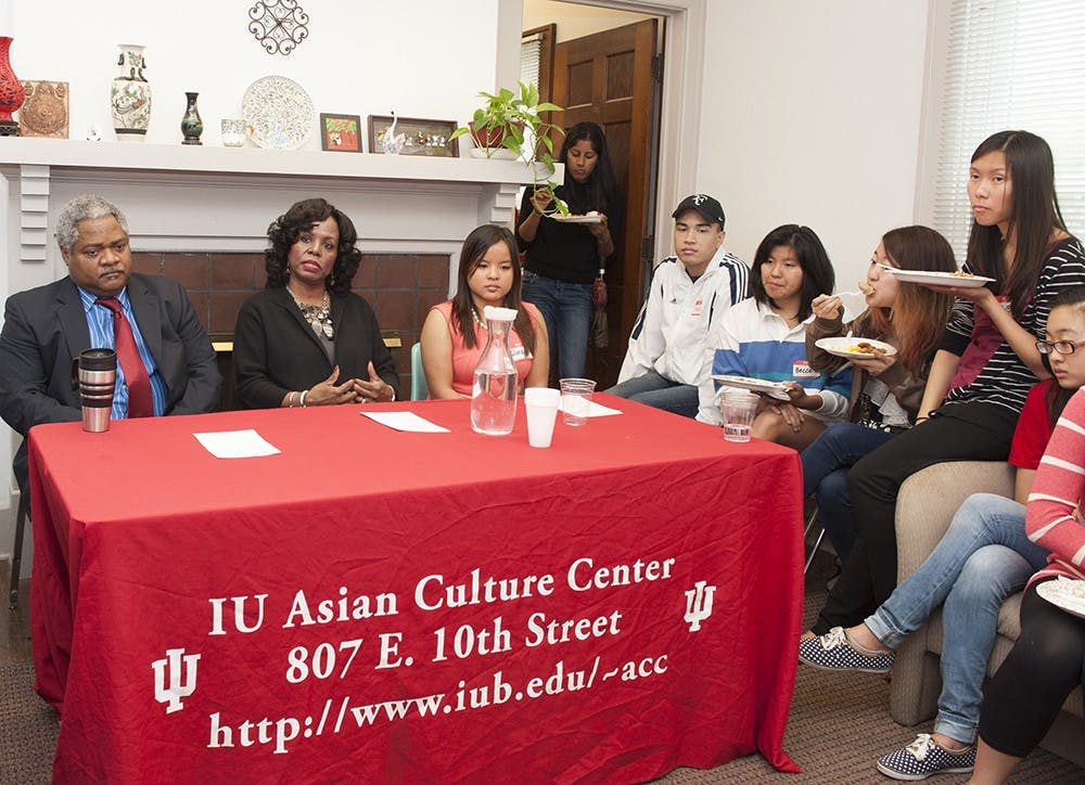 Joyce Rogers, center, vice president for development and external relations for Diversity, Equity, and Multicultural Affairs, addresses students at the 16th anniversary of the IU Asian Culture Center on Friday. She was joined on a panel by Martin McCrory, left, associate vice president for Diversity, Equity, and Multicultural Affairs, and Gloria Chan, right, an IU alumna.