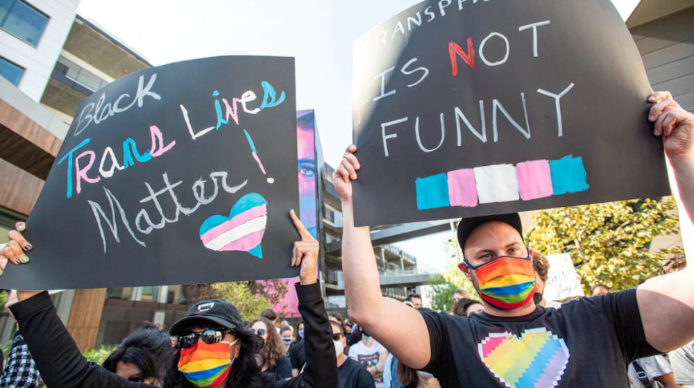 <p>Transgender employees and LGBTQ supporters assembled for &quot;Stand Up in Solidarity&quot; on Oct. 20, 2021, outside of Netflix&#x27;s offices in Hollywood. TERF, which stands for trans-exclusionary radical feminists, is a term used to describe people who exclude transgender women from the feminist movement.</p>