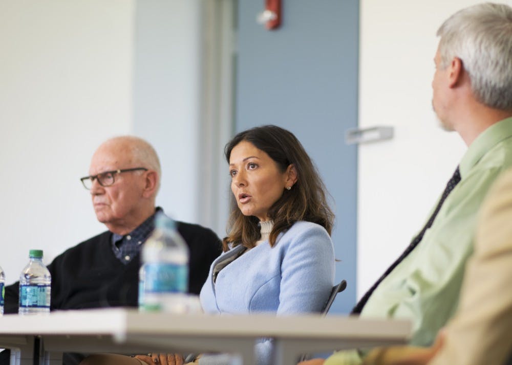 Alexandra Christina, the countess of Frederiksborg in Denmark, discusses how to have productive conversations with people who have conflicting values. The countess, Reverend Forrest Gilmore and Distinguished Scholar Lee Hamilton participated in a panel discussion on ethical leadership Thursday afternoon in the Global and International Studies Building.