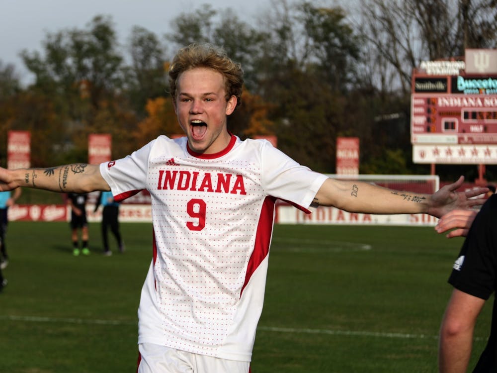 Then-freshman forward Samuel Sarver celebrates the win against Northwestern in the semifinals of the Big Ten Men’s Soccer Tournament on Nov. 10, 2021, at Bill Armstrong Stadium. Indiana won against the University of Maryland 2-1 during the Big Ten Tournament on Nov. 9.