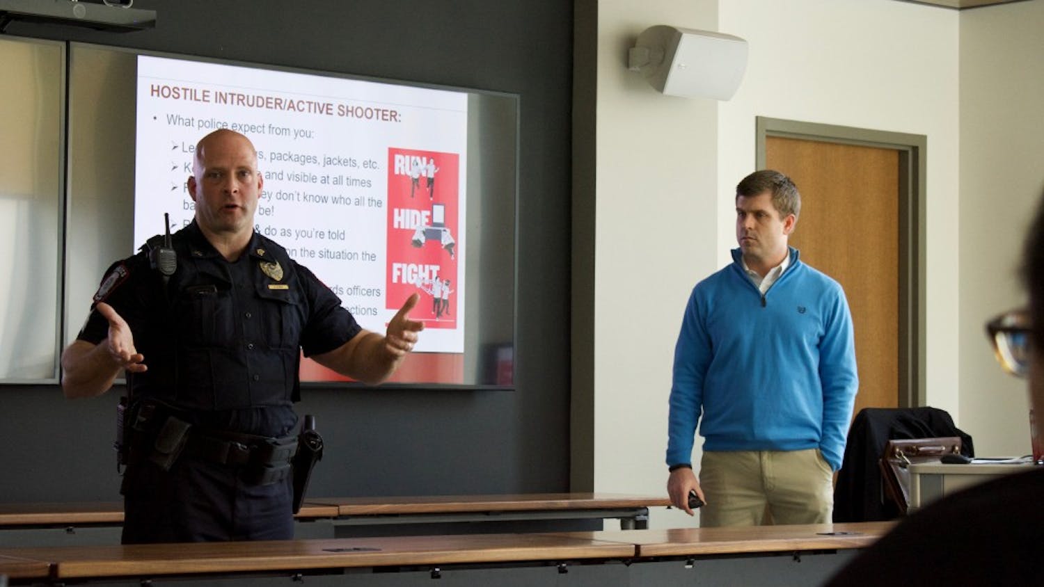 IU Police Department Sgt. Brian Oliger talks about the “Fight” component of the “Run-Hide-Fight” model of responding to an active aggressor situation. Oliger and Steve Balko, assistant director of Emergency Management and Continuity at IU-Bloomington, taught a class on active aggressor response Thursday.&nbsp;
