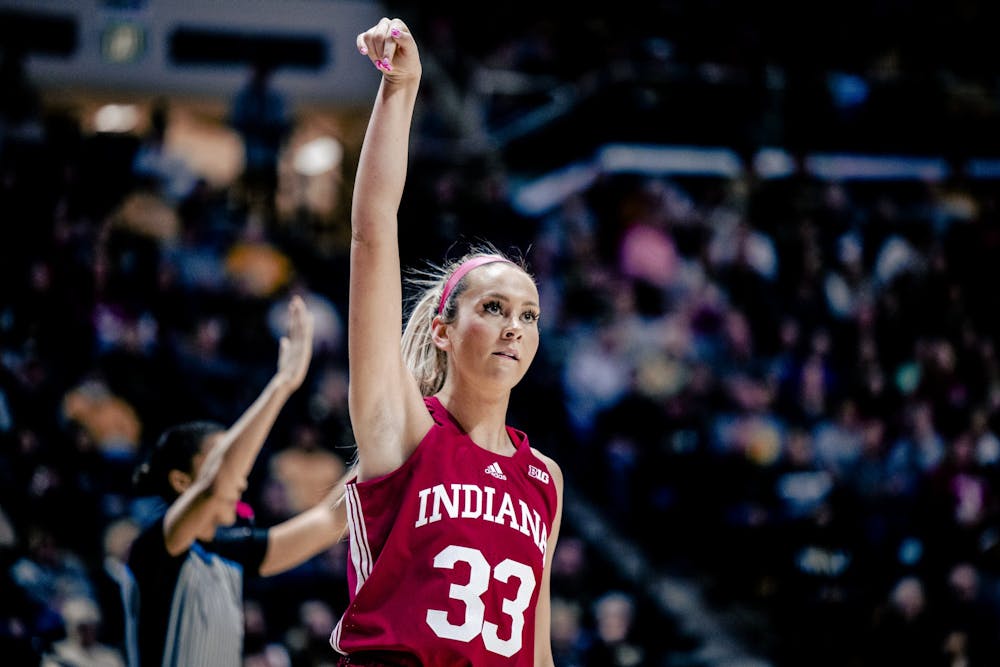 <p>Junior guard Sydney Parrish shoots a three Feb. 5, 2023, at Mackey Arena in Lafayette. The Hoosiers beat Purdue 69-46.</p>