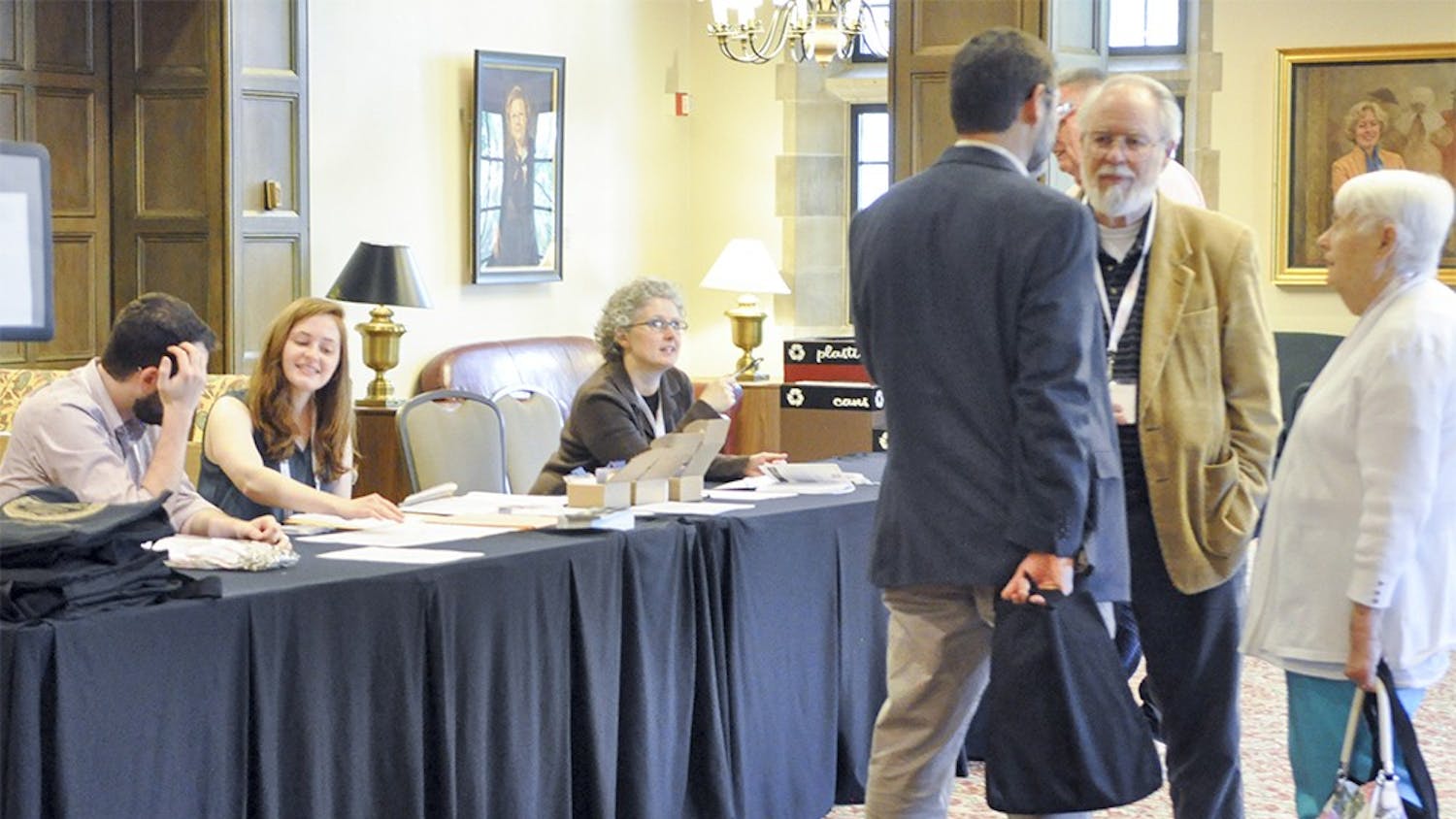 Members of the Association for Recorded Sound Collections welcome visitors to the organization's 50th Anniversary conference on Wednesday afternoon at the Indiana Memorial Union.