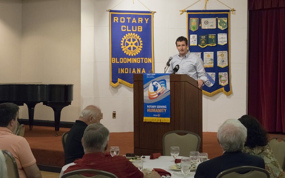 Trey Hollingsworth speaks to the Bloomington Rotary Club in the IMU Frangipani Room Tuesday. Hollingsworth, who lives in Jeffersonville, is running for Indiana’s Ninth District congressional seat. 