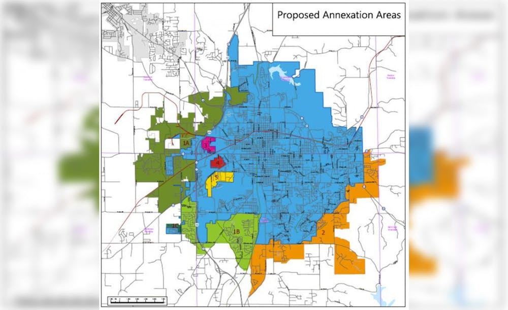<p>Proposed annexation areas are seen on a map. A lawsuit filed by County Residents Against Annexation failed to file enough remonstrance petitions to prevent the annexation process from continuing. The dark green is section 1a, the light green is 1b, the orange is 2, the pink is 3, the red is 4 and the yellow is 5. </p>