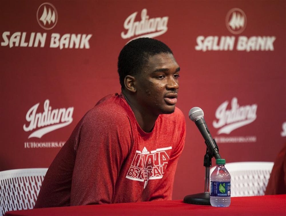 <p>Former Hoosier basketball player Noah Vonleh explains his decision to enter the NBA draft during a press conference April 3 at Assembly Hall.</p>