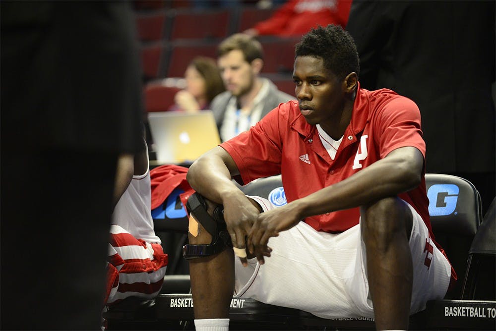 Hanner Mosquera-Perea sits on the bench during IU's win over Northwestern on March 12, 2015 during the Big Ten Tournament in the United Center.