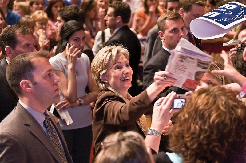 Sen. Hillary Clinton, D-N.Y., greets supporters and signs autographs following her speech on April 25 at Assembly Hall.