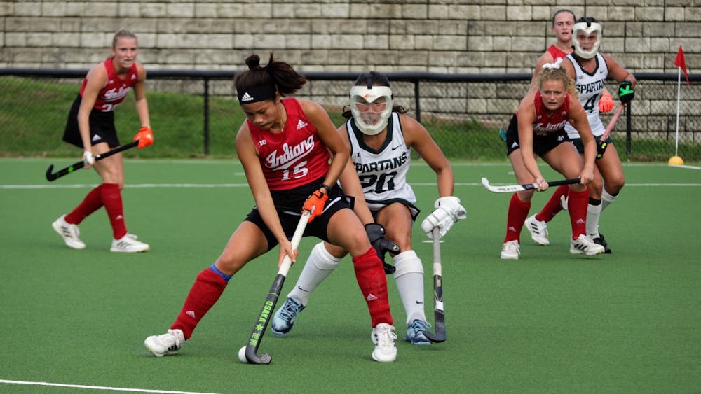 Then-freshman defender Yip van Wonderen dribbles﻿ the ball during a match against Michigan State University on Oct. 15, 2021, at the IU Field Hockey Complex. Indiana lost to No. 5 Iowa 5-1 on Friday but defeated Longwood University 2-0 on Sunday.