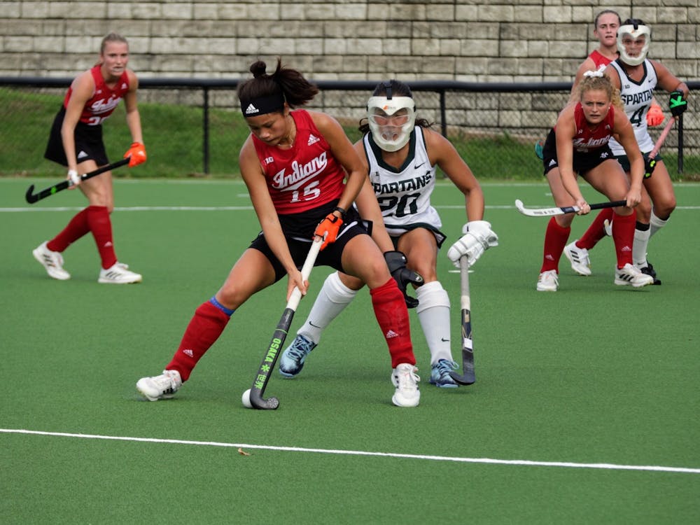 Then-freshman defender Yip van Wonderen dribbles﻿ the ball during a match against Michigan State University on Oct. 15, 2021, at the IU Field Hockey Complex. Indiana lost to No. 5 Iowa 5-1 on Friday but defeated Longwood University 2-0 on Sunday.
