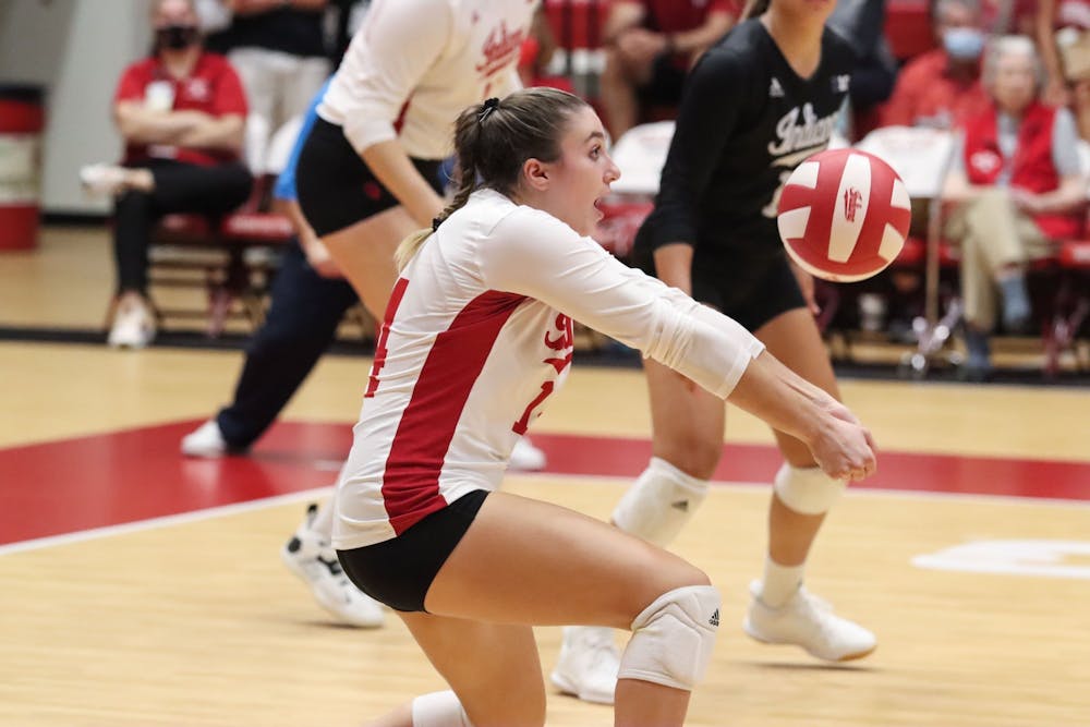 <p>Then-junior defensive specialist Haley Armstrong digs the ball Sept. 17, 2021, in Wilkinson Hall.﻿ Indiana is scheduled to play 12 of its 32 regular season games at home in Bloomington.</p>