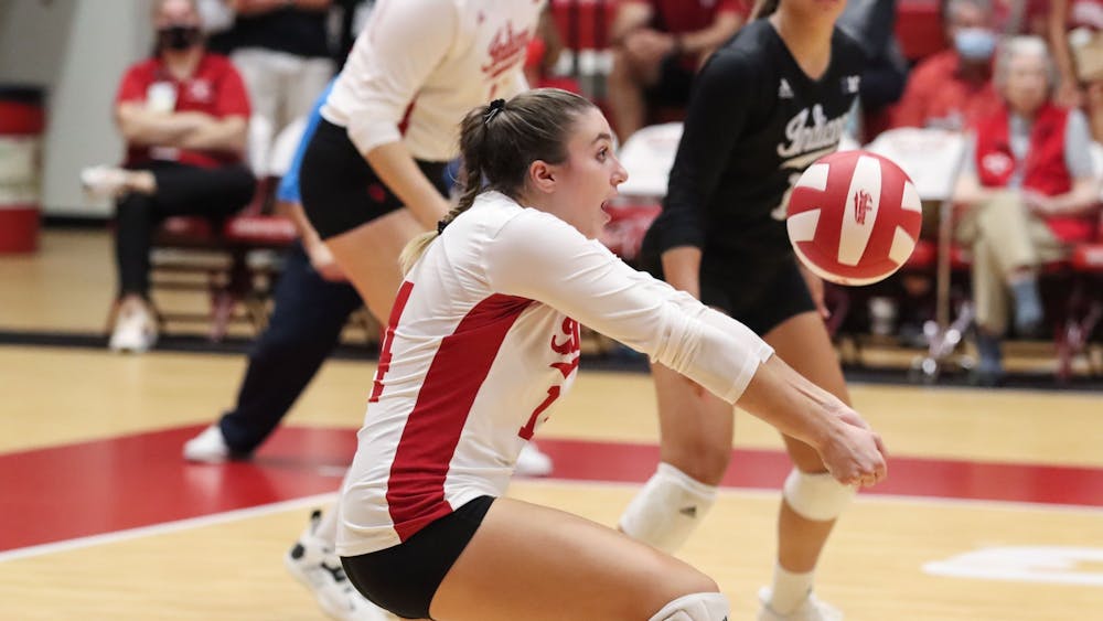 Then-junior defensive specialist Haley Armstrong digs the ball Sept. 17, 2021, in Wilkinson Hall.﻿ Indiana is scheduled to play 12 of its 32 regular season games at home in Bloomington.