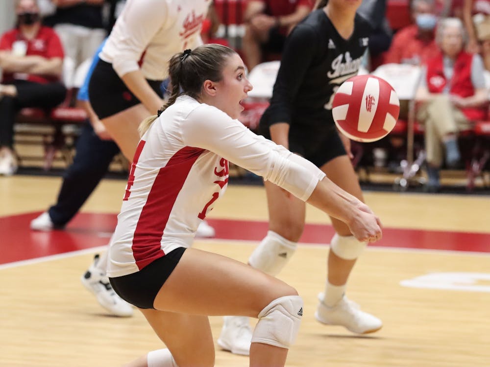 Then-junior defensive specialist Haley Armstrong digs the ball Sept. 17, 2021, in Wilkinson Hall.﻿ Indiana is scheduled to play 12 of its 32 regular season games at home in Bloomington.