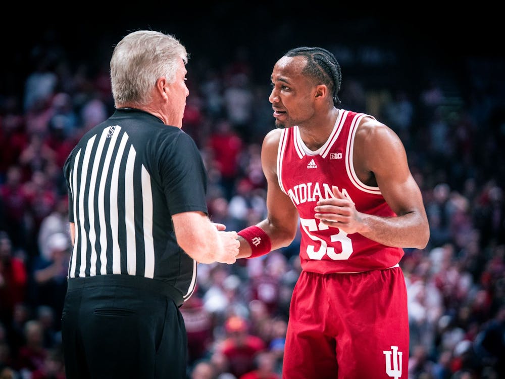Sophomore guard Tamar Bates argues with a referee Dec. 10, 2022, at the MGM Grand Arena in Las Vegas, Nevada. Indiana lost to Maryland 66-55 on Tuesday.