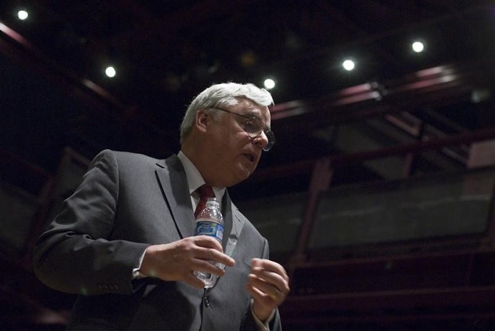 IU alumnus, and one of four candidates for the position as the new IU Dean of Students, Pete Goldsmith addresses questions from the audience Wednesday afternoon in the Wells-Metz Theatre. Goldsmith currently works as the Vice President for Enrollment and Student Affairs at Kent State University.