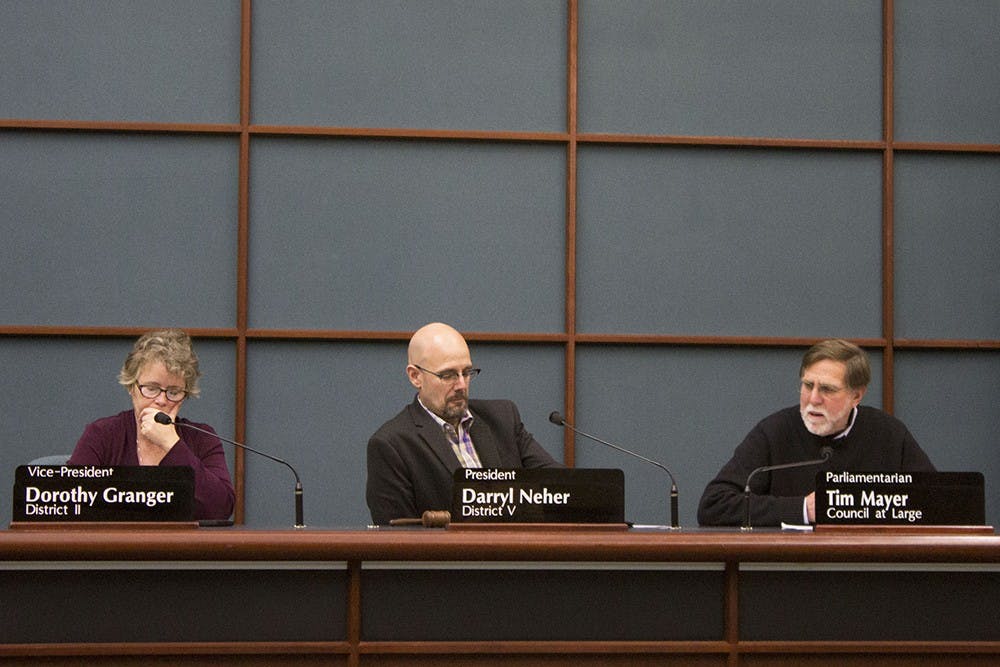 Members of the Bloomington City Council speak during the meeting in City Hall on Wednesday night.