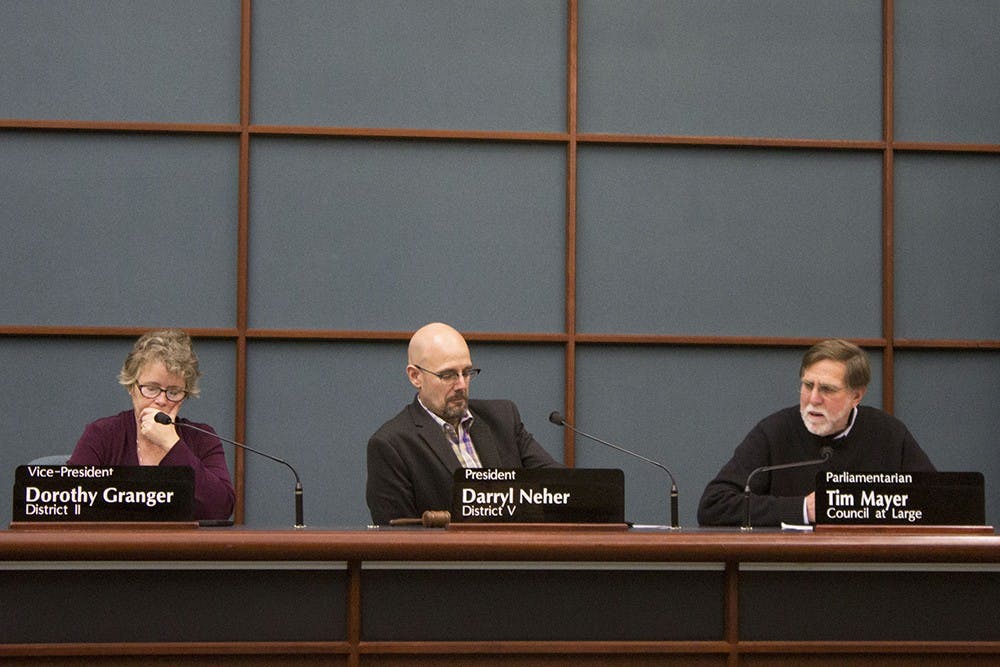 Members of the Bloomington City Council speak during the meeting in City Hall on Wednesday night.