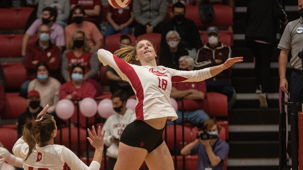 Junior middle blocker Kaley Rammelsberg goes for a spike against Minnesota on Oct. 27, 2021, at Wilkinson Hall. Indiana lost to Minnesota 3-0.