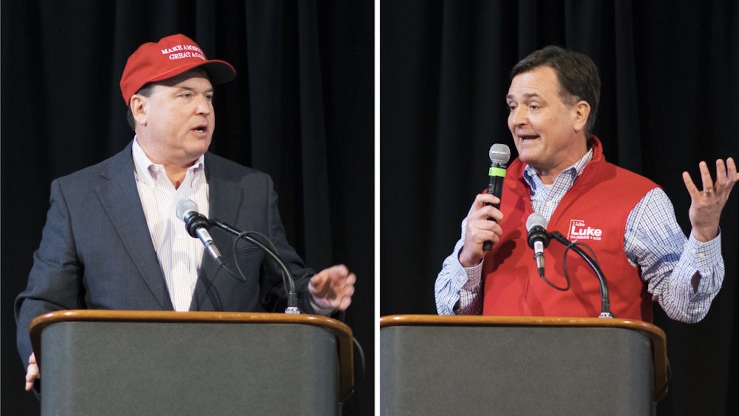 Congressmen Todd Rokita, R-4th District, and Luke Messer, R-6th District, deliver remarks at the state Republican party's Congress of Countries on Saturday. Neither of the two front-runners for the Republican nomination in Indiana's 2018 Senate primary disavowed President Trump's reported complaints about accepting immigrants from "shithole countries."&nbsp;