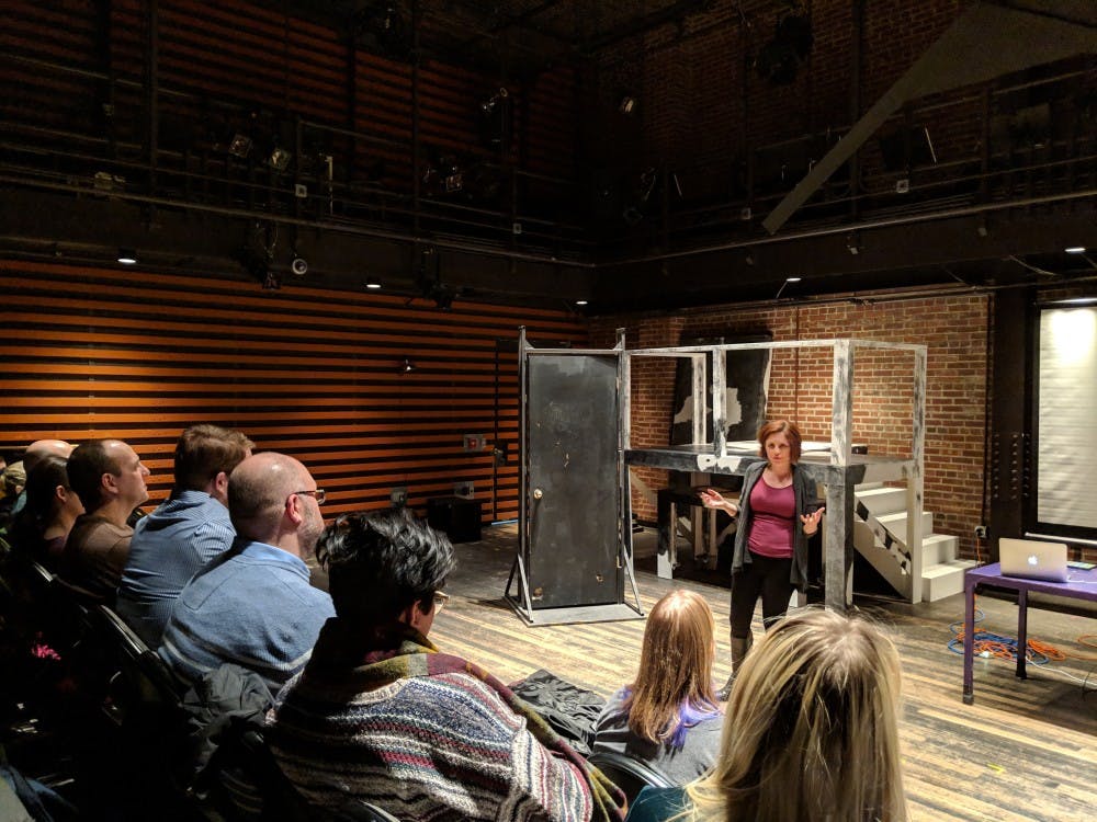 <p>Kelly Howe from Loyola University Chicago guest lectures on the topic of Theatre of the Oppressed on Jan. 31 in the Studio Theatre.&nbsp;Theatre of the Oppressed consists of techniques and games that seek to motivate people, restore true dialogue and create space for participants to rehearse taking action.</p>
