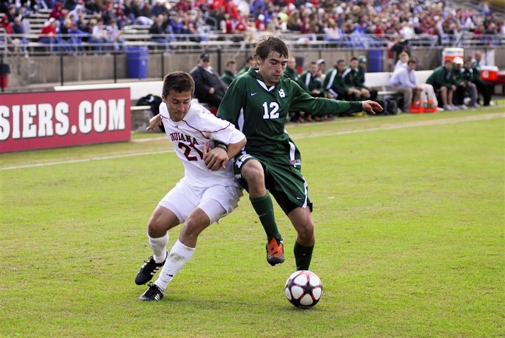 Daniel Kelly fights for the ball against Michigan State on Sunday, Oct. 18, 2009. The Hoosiers lost 1-0 in double overtime.