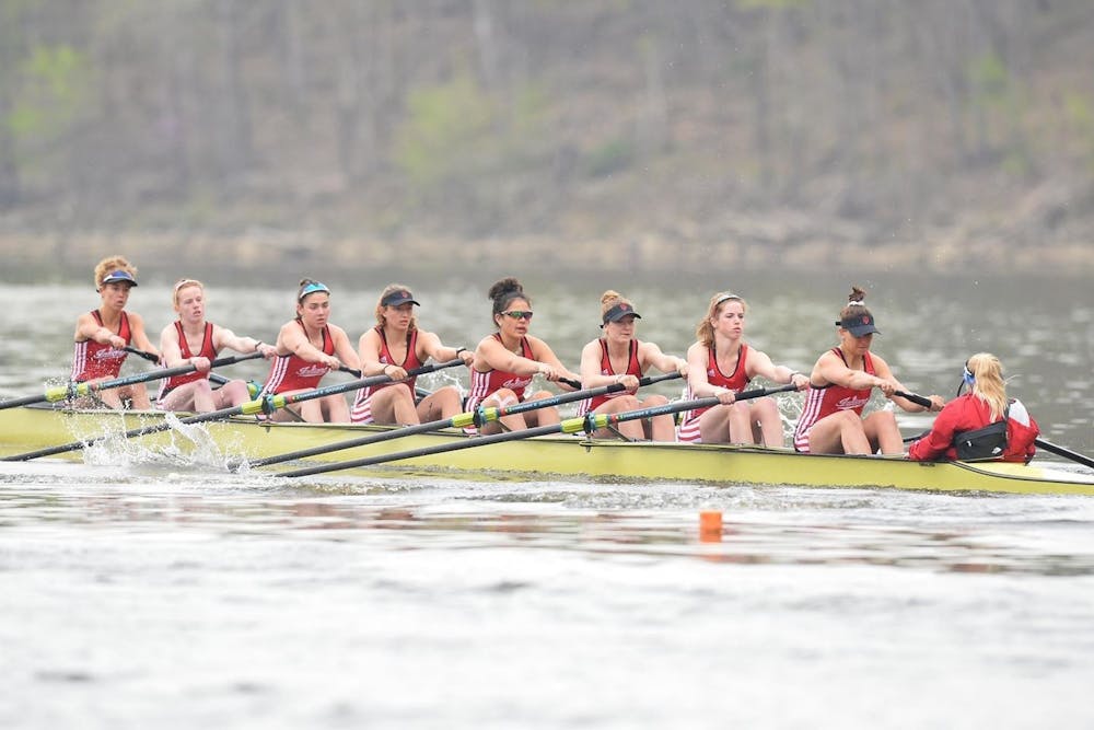 <p>The IU rowing team rows during the Big Ten Invitational on April 18 in Bethel, Ohio. The Novice 8 team finished in third place in the Big Ten Championships this past weekend.</p>