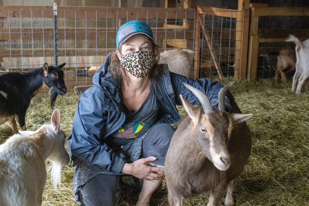<p>Co-owner Tonya Plachy poses with Nigerian Dwarf goats Thursday at the Goat Conspiracy farm in Bloomington. Goat Conspiracy will have goat yoga classes in the spring. </p>