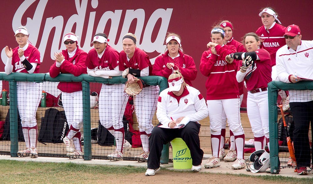 Members of IU Softball team are watching the game against #2 University of Michigan at Andy Mohr Field on Saturday afternoon. The Hoosiers lost 0-8.