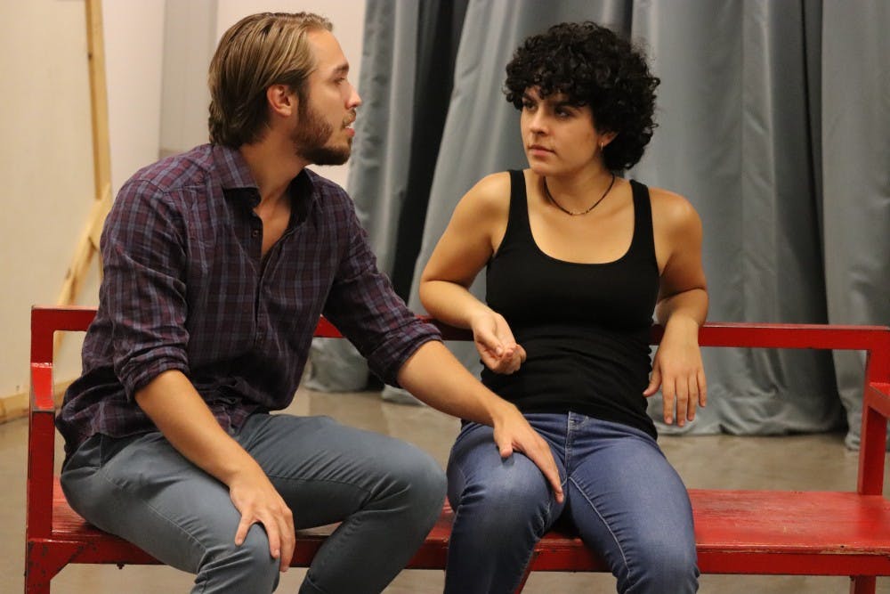 <p>Cast members of the play "Stage Kiss" act in a rehearsal Sept. 13. Rebecca Dwoskin and Nathaniel Kohlmeier are the leads in "Stage Kiss."</p>
