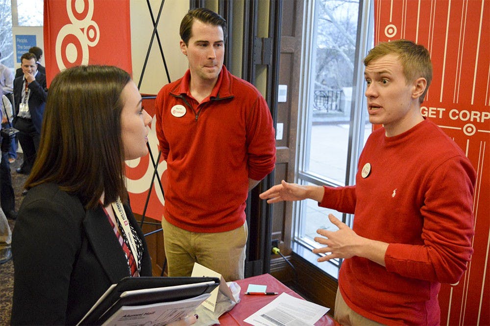 <p>Then-junior Kiera Stahly discusses a future career with Target at the Winter Career and Internship Fair in 2016 at the Indiana Memorial Union. The National Association of Colleges and Employers’ “Class of 2017 Student Survey” found that 61 percent of 2017 graduating seniors participated in an internship during their time in college.&nbsp;</p>