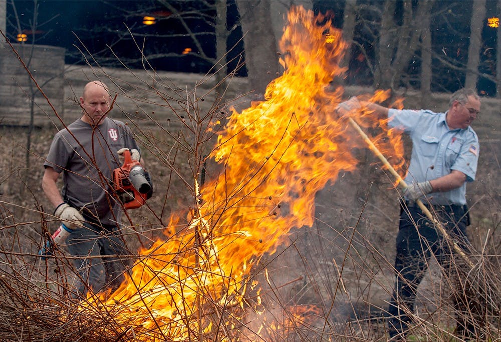 Darren Robertson, left, of Landscape Services, and Tim Deckard of Loss Control, help control the burning of dead vegetation next to the Jordan Ave. parking garage. The burn took place Wednesday morning and was carried out due to the presence of invasive species in the area. It was the first burn performed on IU's campus and required several months of planning.