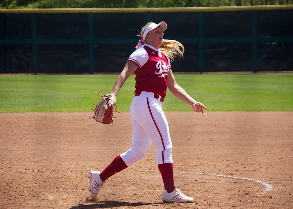 <p>Then-freshman pitcher Josie Wood throws a pitch last season against Ohio State University at Andy Mohr Field.</p>