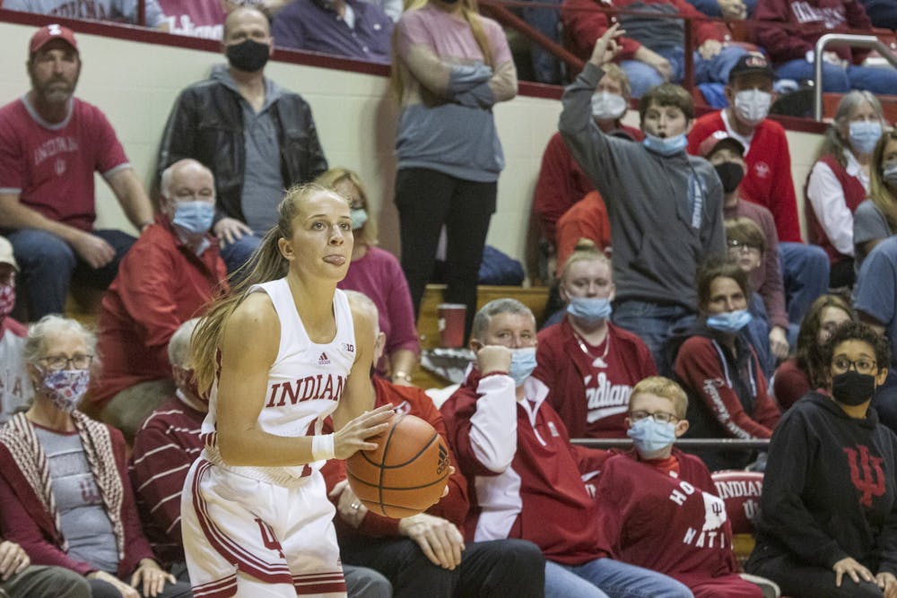 Graduate student guard Nicole Cardaño-Hillary attempts a jump shot Dec. 2, 2021, at Simon Skjodt Assembly Hall. Indiana women's basketball's game Tuesday was canceled due to COVID-19 cases in the Wright State University program. 