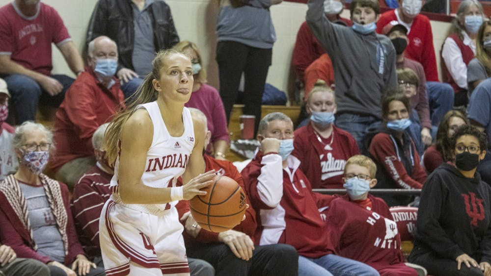 Graduate student guard Nicole Cardaño-Hillary attempts a jump shot Dec. 2, 2021, at Simon Skjodt Assembly Hall. Indiana women's basketball's game Tuesday was canceled due to COVID-19 cases in the Wright State University program. 