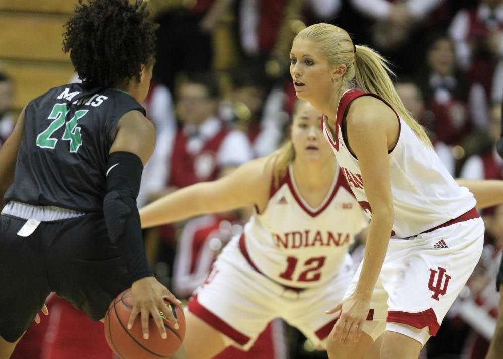 Senior Guard Tyra Buss plays on the defense against North Texas on Dec. 5 at Simon Skjodt Assembly Hall. Buss and the Hoosiers picked up their second conference win of the season against Michigan State on Saturday.&nbsp;
