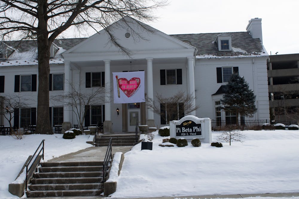 <p>Decorations for IU sororities&#x27; Bid Night hang outside the Pi Beta Phi building on East Third Street. Bid Night will be fully virtual this year due to the COVID-19 pandemic. </p>