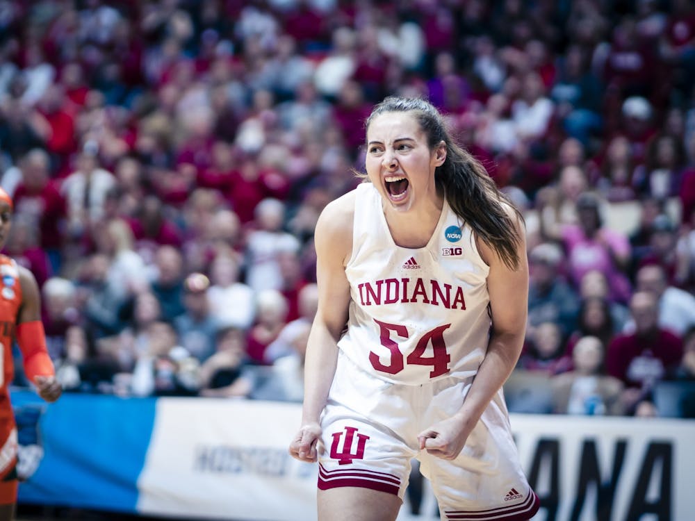 Then-senior forward Mackenzie Holmes celebrates a turnover March 20, 2023, at Simon Skjodt Assembly Hall in Bloomington. Holmes and Trayce Jackson-Davis were named the 2022-23 IU Athletes of the Year Thursday afternoon. 