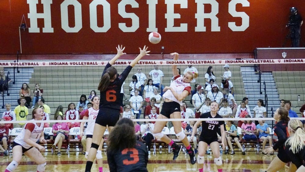 Sophomore middle blocker Hayden Huybers spikes the ball for a kill against the Rutgers Scarlet Knights on Oct. 20, 2017. IU's lone win in conference play during the 2017 season came against Rutgers, 3-2. 
