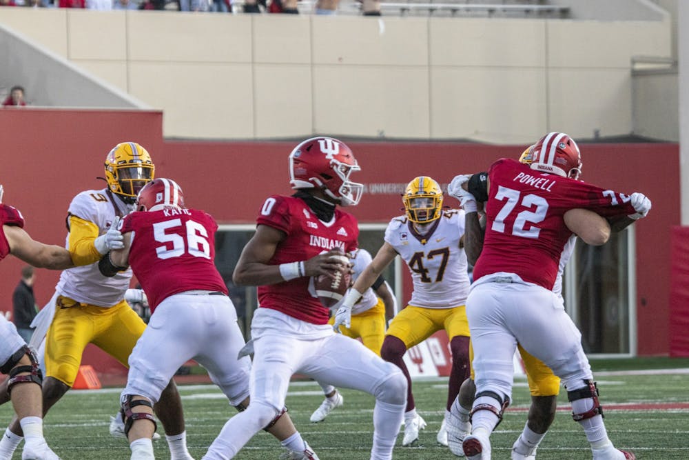 <p>Then-freshman quarterback Donaven McCulley looks for an open receiver during the game against Minnesota on Nov. 20, 2021, at Memorial Stadium. Indiana lost to the Nebraska 35-21 on Saturday night.</p>