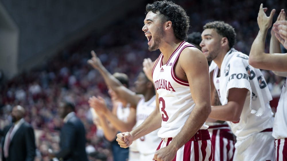 Junior guard Anthony Leal seen celebrating Nov. 7, 2022 at Simon Skjodt Assembly Hall in Bloomington, Indiana. Leal paid off his sister&#x27;s student loan debt using money earned from NIL as a Christmas gift.