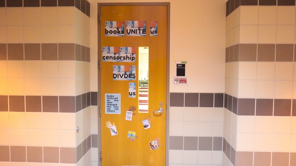 <p>Decorations are displayed on a classroom door in honor of Banned Book Week Sept. 19 at the IU School of Education building. A walk-through tour of the doors is the second of a two-part series celebrating reading freedom and giving education students the opportunity to strengthen their visual literacy skills.</p>