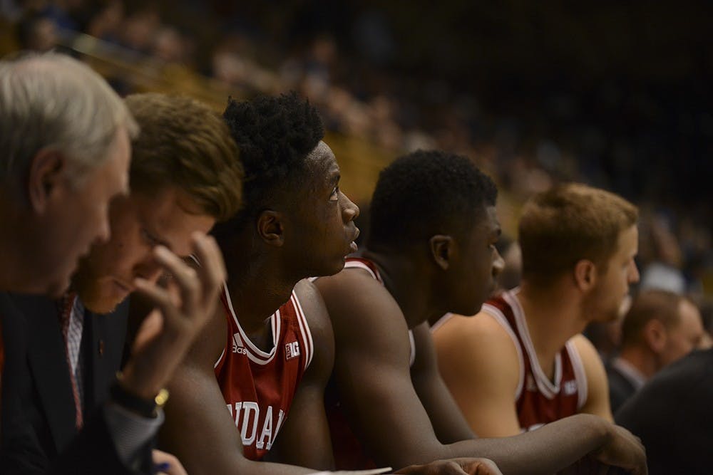 Freshman forward O.G. Anunoby watches the final minutes of play against Duke on Wednesday at Cameron Indoor Stadium in Durham. The Hoosiers lost, 94-74.