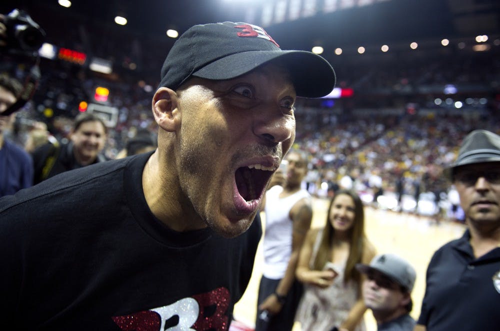<p>LaVar Ball greets fans during halftime on July 7, 2017 at the NBA Summer League in Las Vegas, Nev.&nbsp;</p>