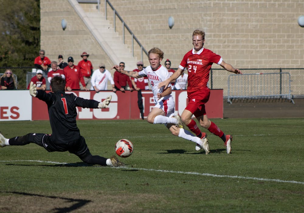 Freshman forward Samuel Sarver watches the ball go into the goal Nov. 7, 2021. Sarver had the only goal of the game, allowing Indiana to beat Rutgers 1-0.