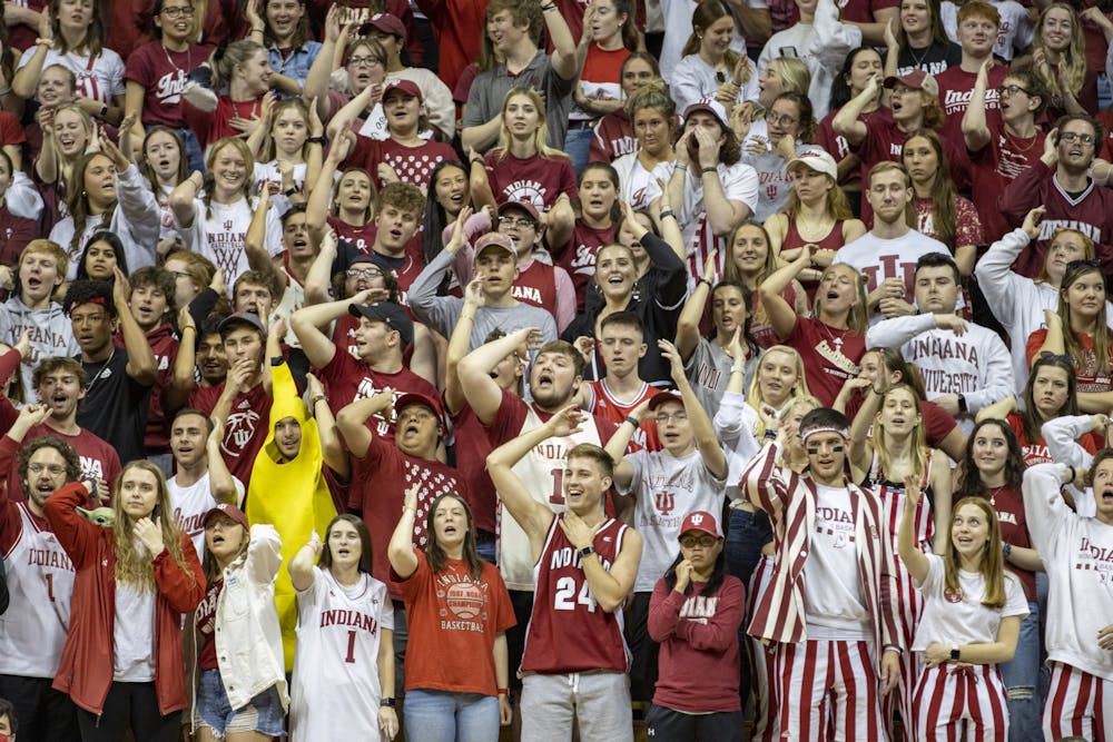 <p>The Indiana Crimson Guard student section chants &quot;airball, airball&quot; after a Princeton player missed a shot during the Second Round game on March 21, 2022, at Simon Skjodt Assembly Hall. Indiana’s crowd of 9,627 marked the largest of the season and third largest in program history.</p>
