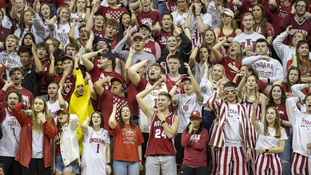 The Indiana Crimson Guard student section chants &quot;airball, airball&quot; after a Princeton player missed a shot during the Second Round game on March 21, 2022, at Simon Skjodt Assembly Hall. Indiana’s crowd of 9,627 marked the largest of the season and third largest in program history.
