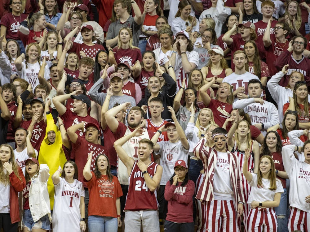 The Indiana Crimson Guard student section chants &quot;airball, airball&quot; after a Princeton player missed a shot during the Second Round game on March 21, 2022, at Simon Skjodt Assembly Hall. Indiana’s crowd of 9,627 marked the largest of the season and third largest in program history.
