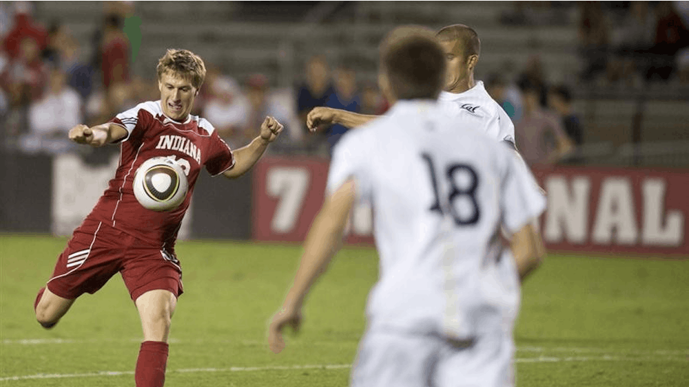 Sophomore midfielder Joe Tolen attempts a volley during IU's 2-1 loss to California on Friday at Bill Armstrong Stadium. The Hoosiers will face UCLA Sunday in the second game of the adidas/IU Credit Union Classic.