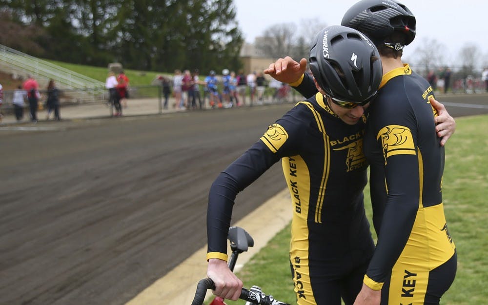Black Key Bulls riders embrace after their qualification bid at the Bill Armstrong Stadium Saturday.  BKB qualified for the 2017 Little 500 Bike Race with a time of 02:26.5.